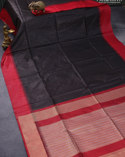 Semi tussar saree black and maroon with allover checked pattern & zari weaves and temple woven simple border