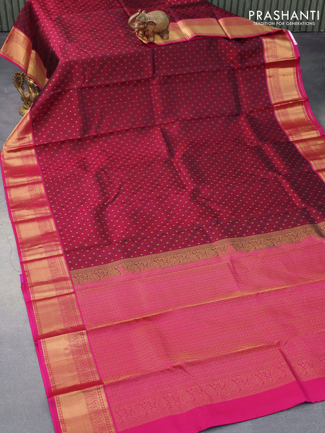 Pure kanjivaram silk saree dark magenta and pink with allover self emboss & zari buttas and paisley zari woven border