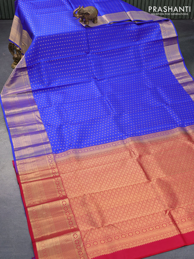 Pure kanjivaram silk saree blue and red with allover zari woven 1000 buttas and rich zari woven border