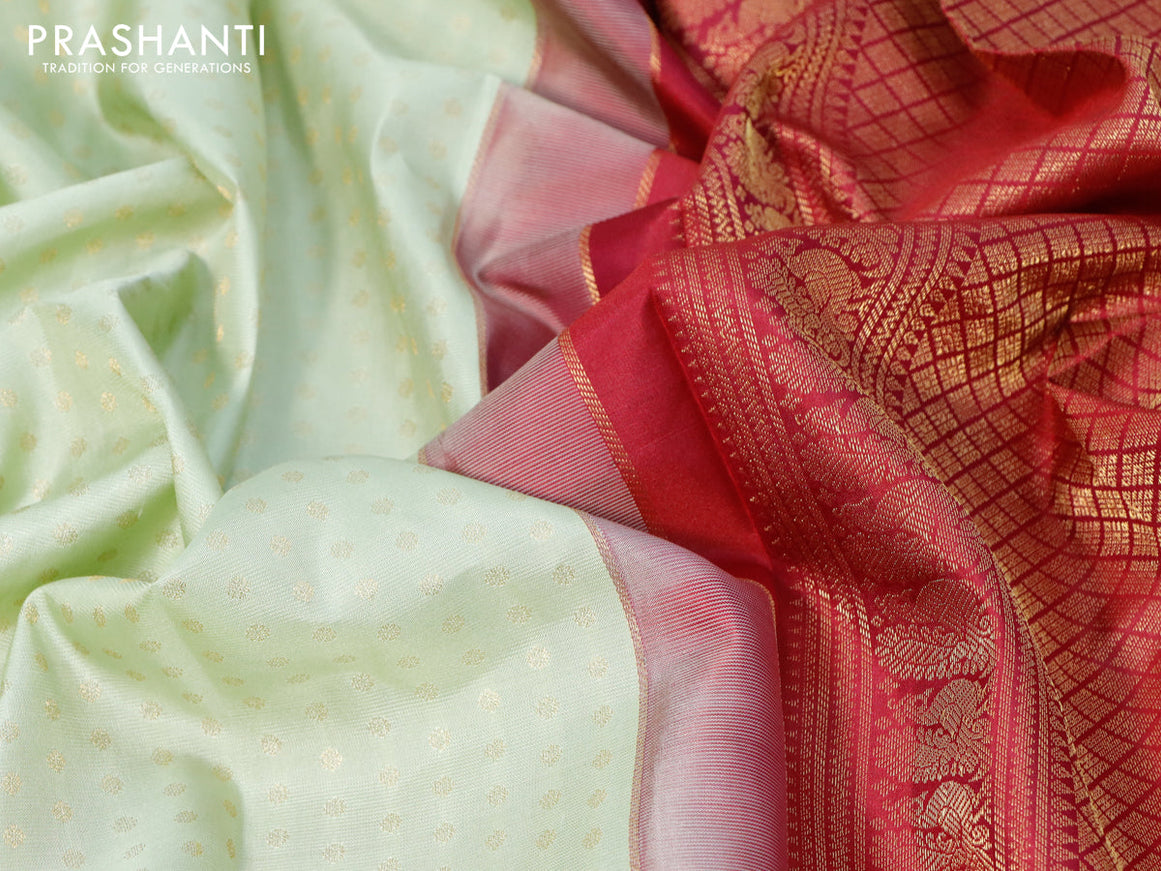 Pure kanjivaram silk saree mild pista and maroon with allover zari woven 1000 buttas and zari woven korvai border