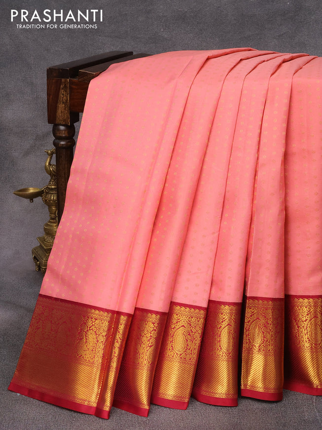 Pure kanjivaram silk saree peach pink and maroon with allover zari woven 1000 buttas and zari woven korvai border