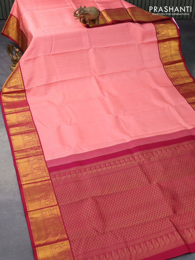 Pure kanjivaram silk saree peach pink and maroon with allover zari woven 1000 buttas and zari woven korvai border