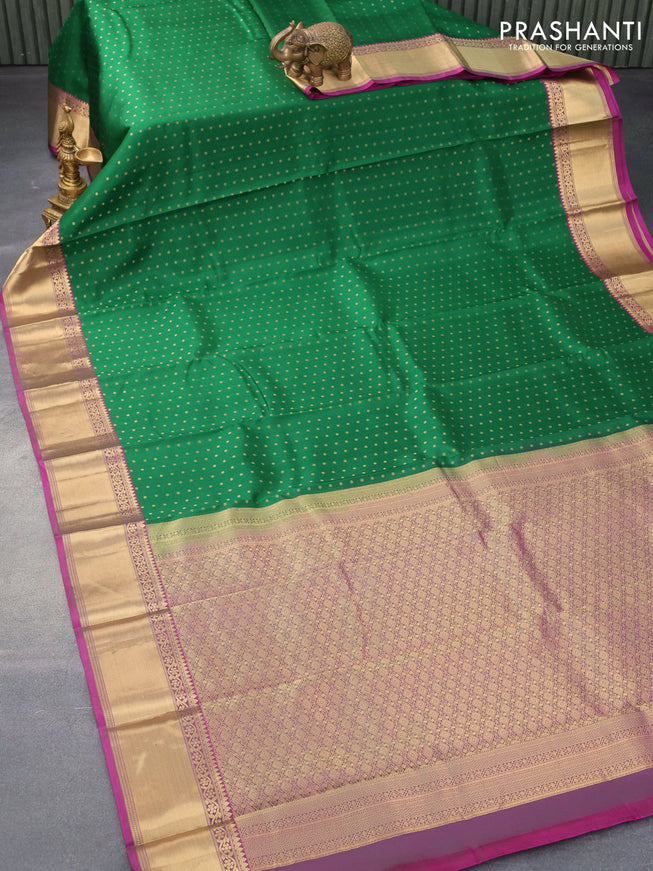 Pure kanjivaram silk saree green and dual shade of purple with allover zari woven 1000 buttas and zari woven border