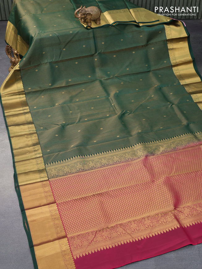 Pure kanjivaram silk saree dark green with allover zari checks & buttas and rich zari woven border