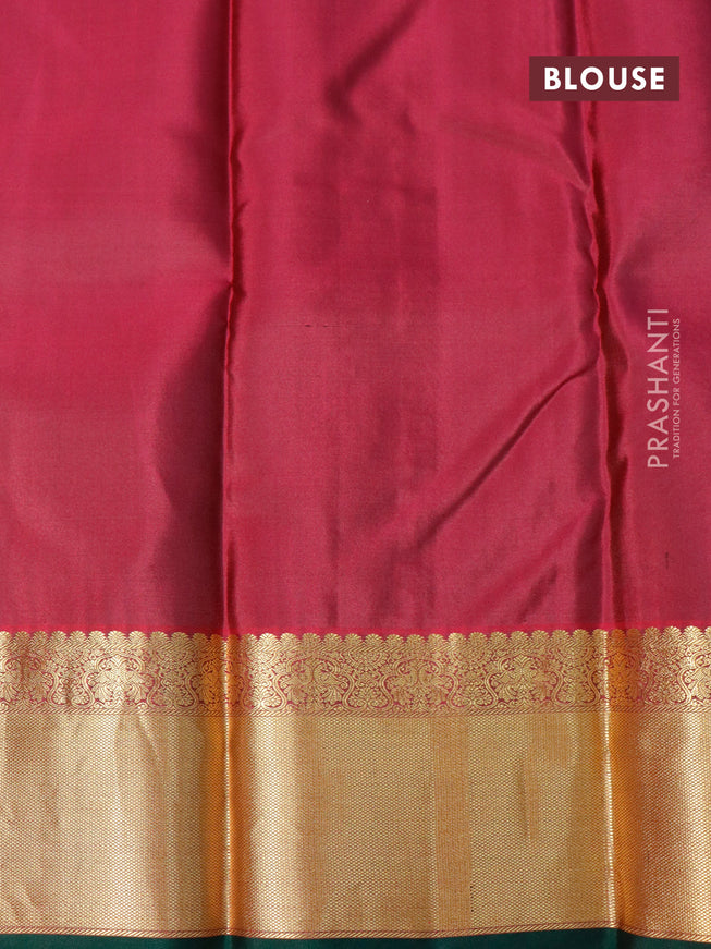 Pure kanjivaram silk saree dark green with allover zari checks & buttas and rich zari woven border