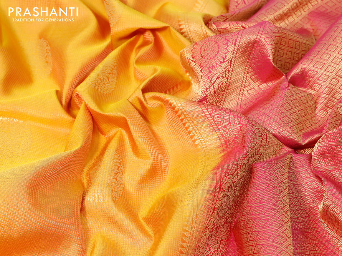 Pure kanjivaram silk saree dual shade of mango yellow and pink with allover zari checks & annam buttas and annam zari woven border