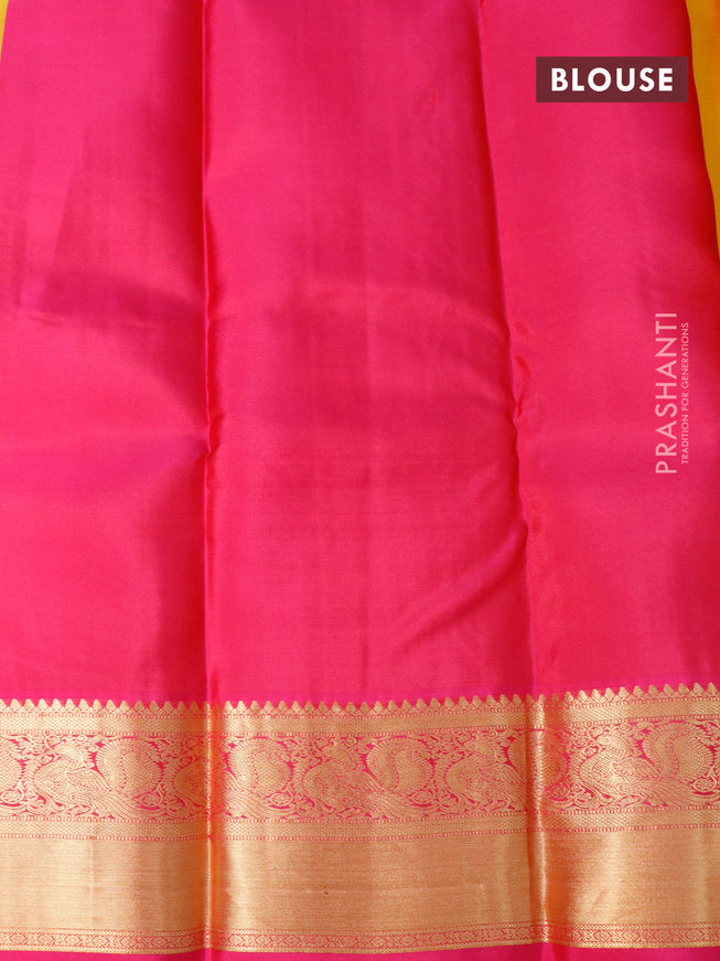 Pure kanjivaram silk saree dual shade of mango yellow and pink with allover zari checks & annam buttas and annam zari woven border