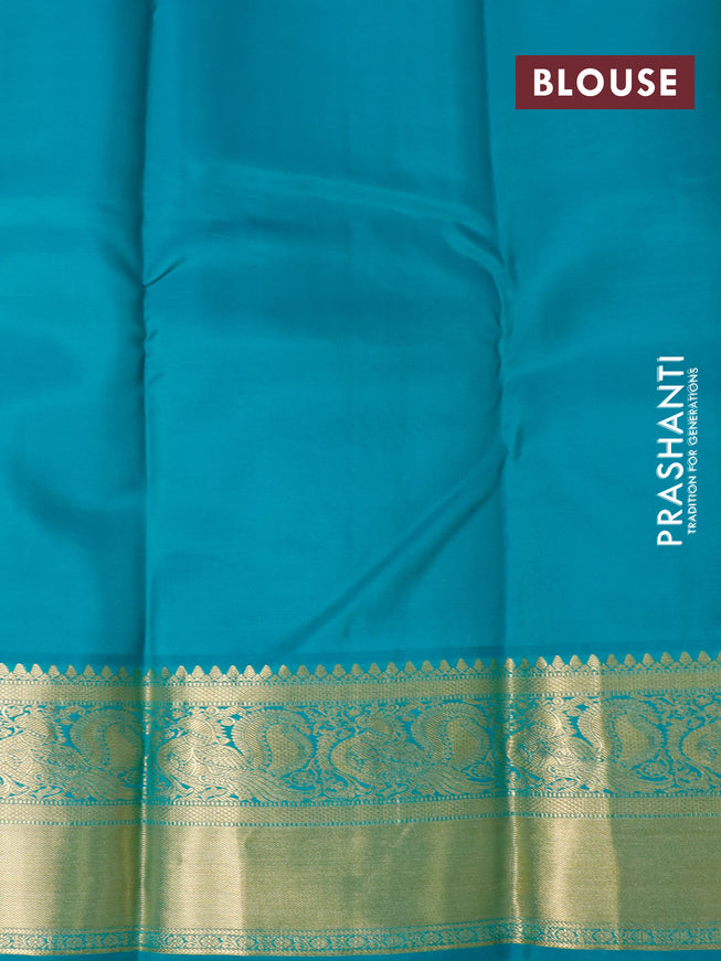 Pure kanjivaram silk saree yellow and teal blue with allover zari checks & annam buttas and annam zari woven border