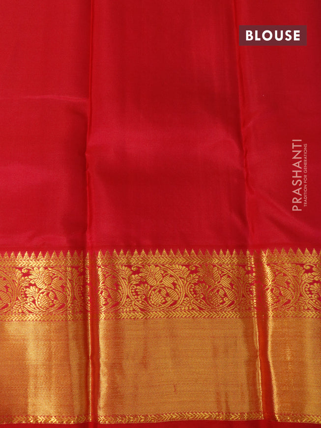 Pure kanjivaram silk saree pastel green and red with zari woven buttas and long floral zari woven korvai border