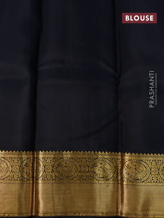 Pure kanjivaram silk saree teal blue and black with geometric zari woven buttas and annam zari woven korvai border