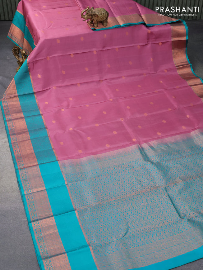 Pure kanjivaram silk saree mauve pink and teal blue with copper zari woven buttas and long thread & copper zari woven border