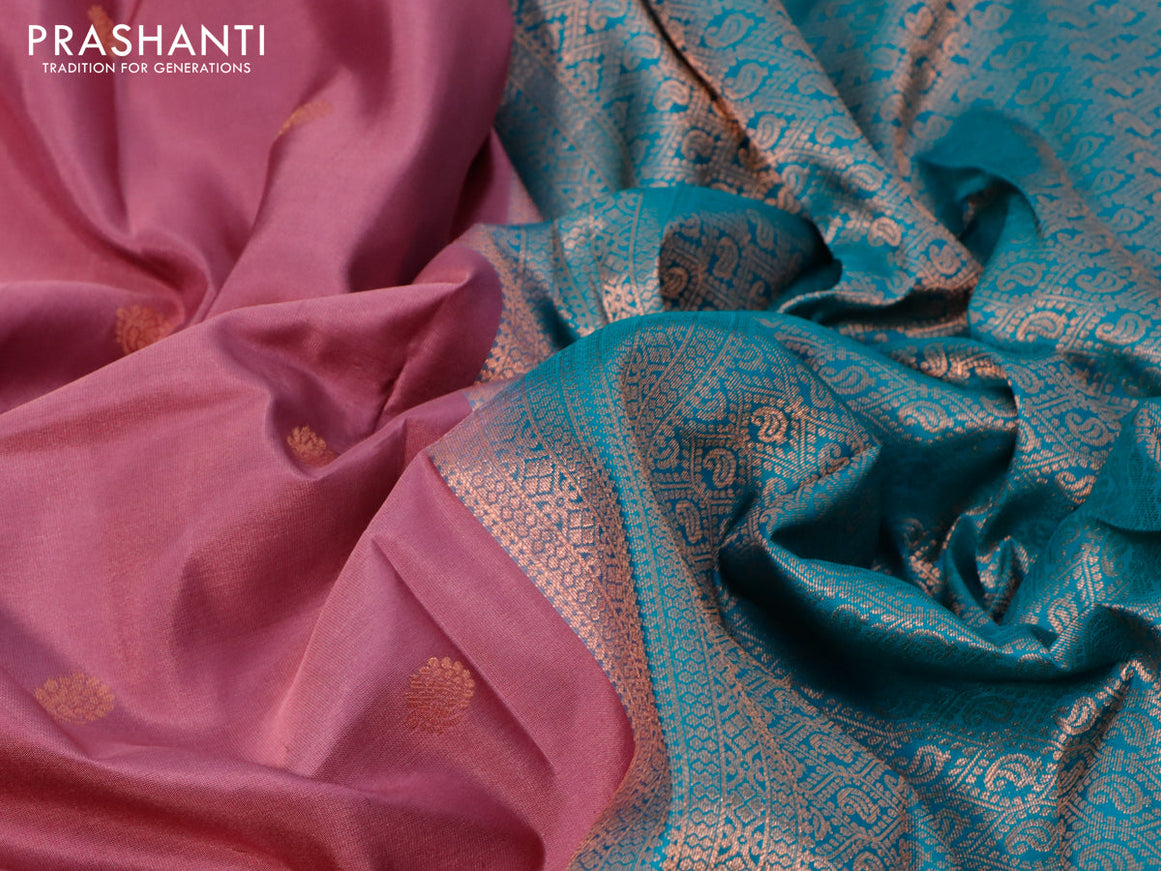 Pure kanjivaram silk saree mauve pink and teal blue with copper zari woven buttas and long thread & copper zari woven border