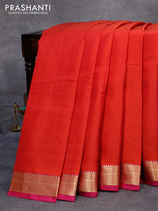 Pure kanjivaram silk saree dual shade of orange and pink with allover self emboss and zari woven border
