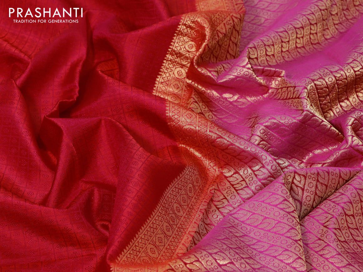 Pure kanjivaram silk saree dual shade of orange and pink with allover self emboss and zari woven border