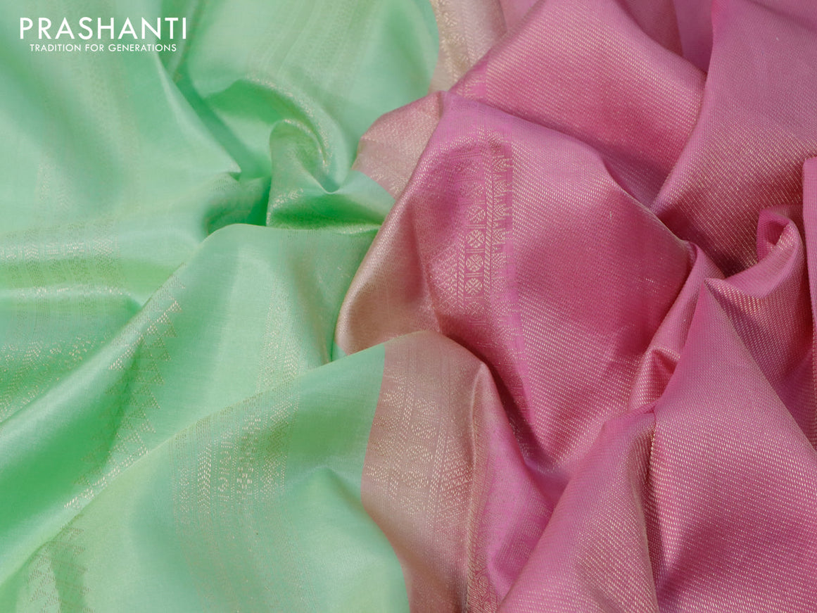 Pure kanjivaram silk saree pista green and mauve pink with allover zari weaves and long zari woven border