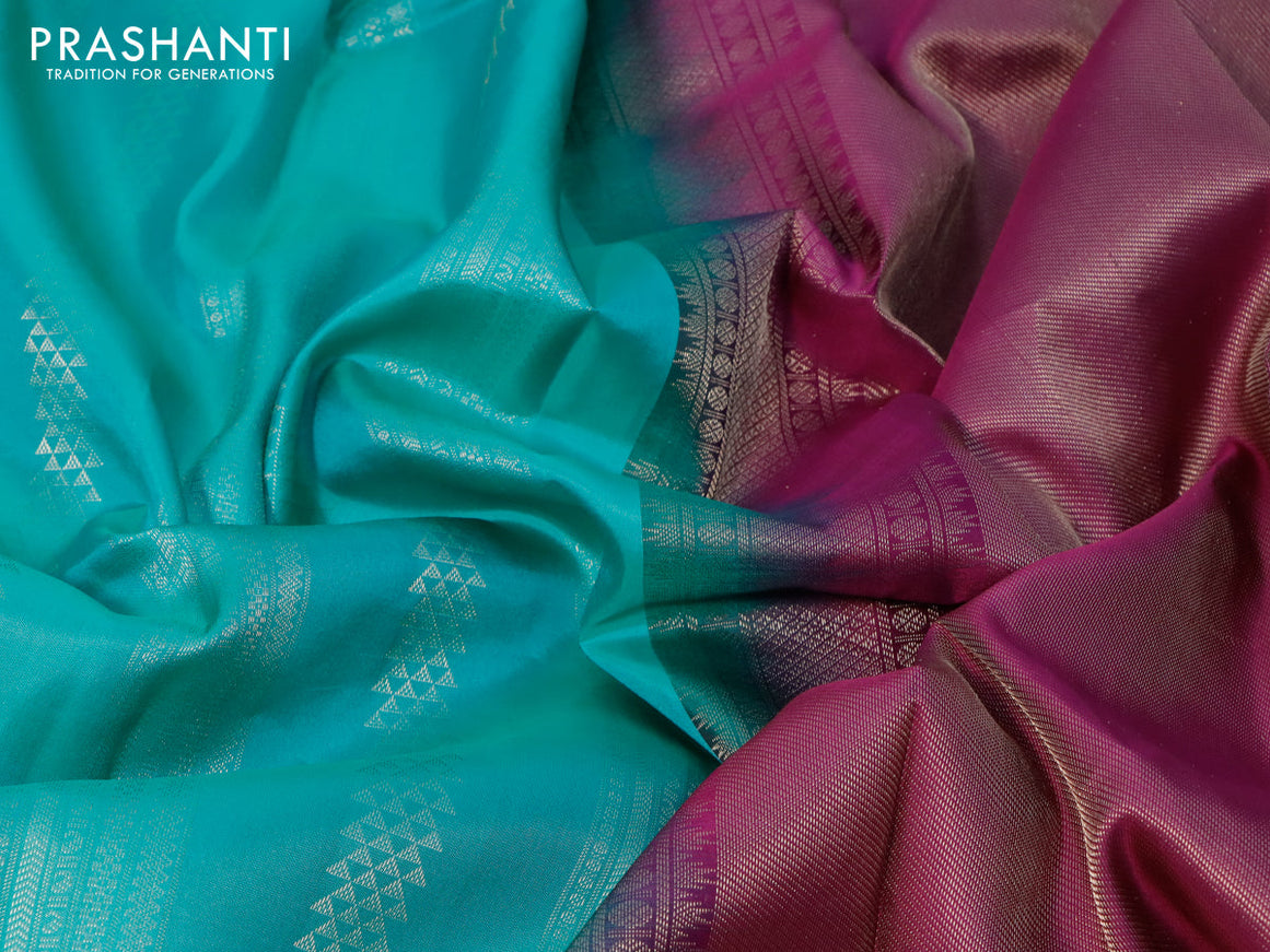 Pure kanjivaram silk saree teal green shade and purple with allover silver zari weaves and long zari woven border