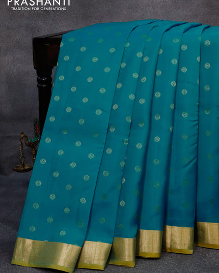 Pure kanjivaram silk saree cs blue and dual shade of yellow with zari woven buttas and zari woven border