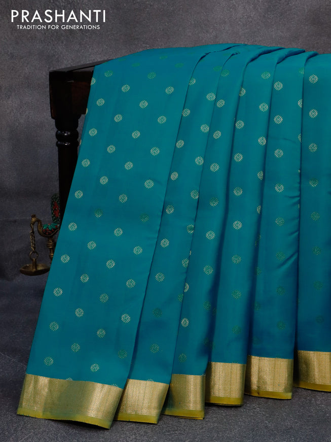 Pure kanjivaram silk saree cs blue and dual shade of yellow with zari woven buttas and zari woven border