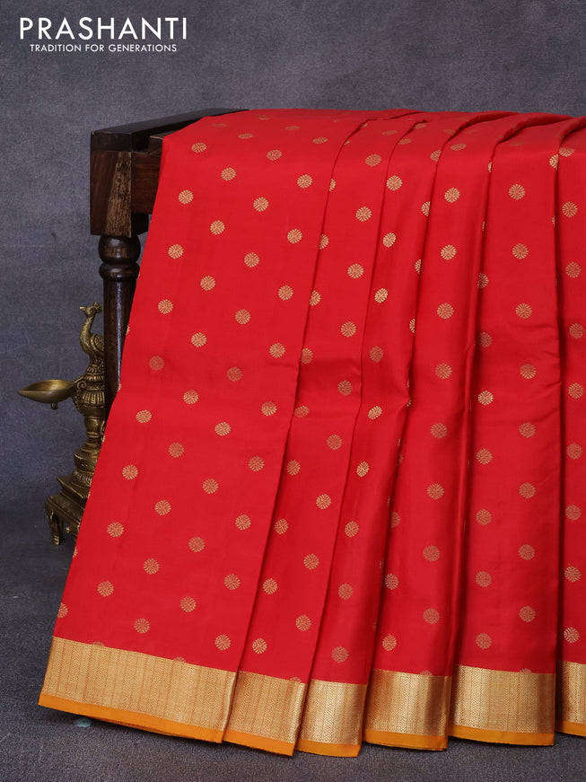 Pure kanjivaram silk saree red and mustard yellow with zari woven buttas and zari woven border