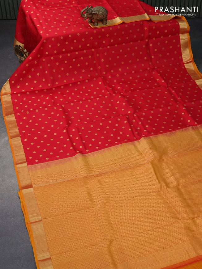 Pure kanjivaram silk saree red and mustard yellow with zari woven buttas and zari woven border