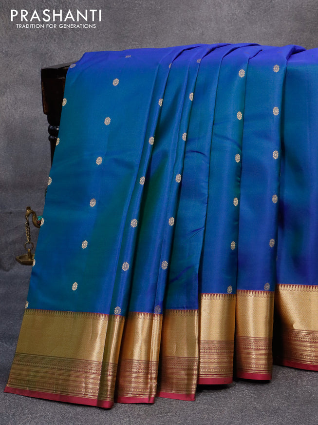 Pure kanjivaram silk saree dual shade of blue and pink with zari woven buttas and zari woven border