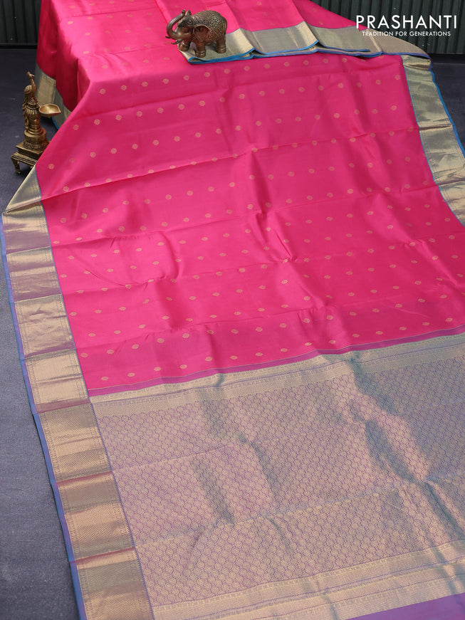 Pure kanjivaram silk saree pink and dual shade of teal blue with zari woven buttas and zari woven border