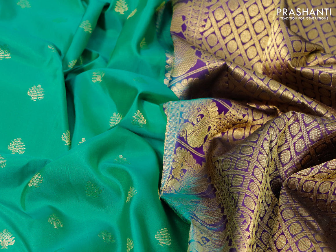 Pure kanjivaram silk saree teal green and deep violet with zari woven buttas and zari woven korvai border