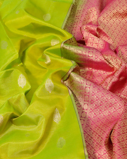 Pure kanjivaram silk saree lime green and pink with zari woven buttas and zari woven korvai border