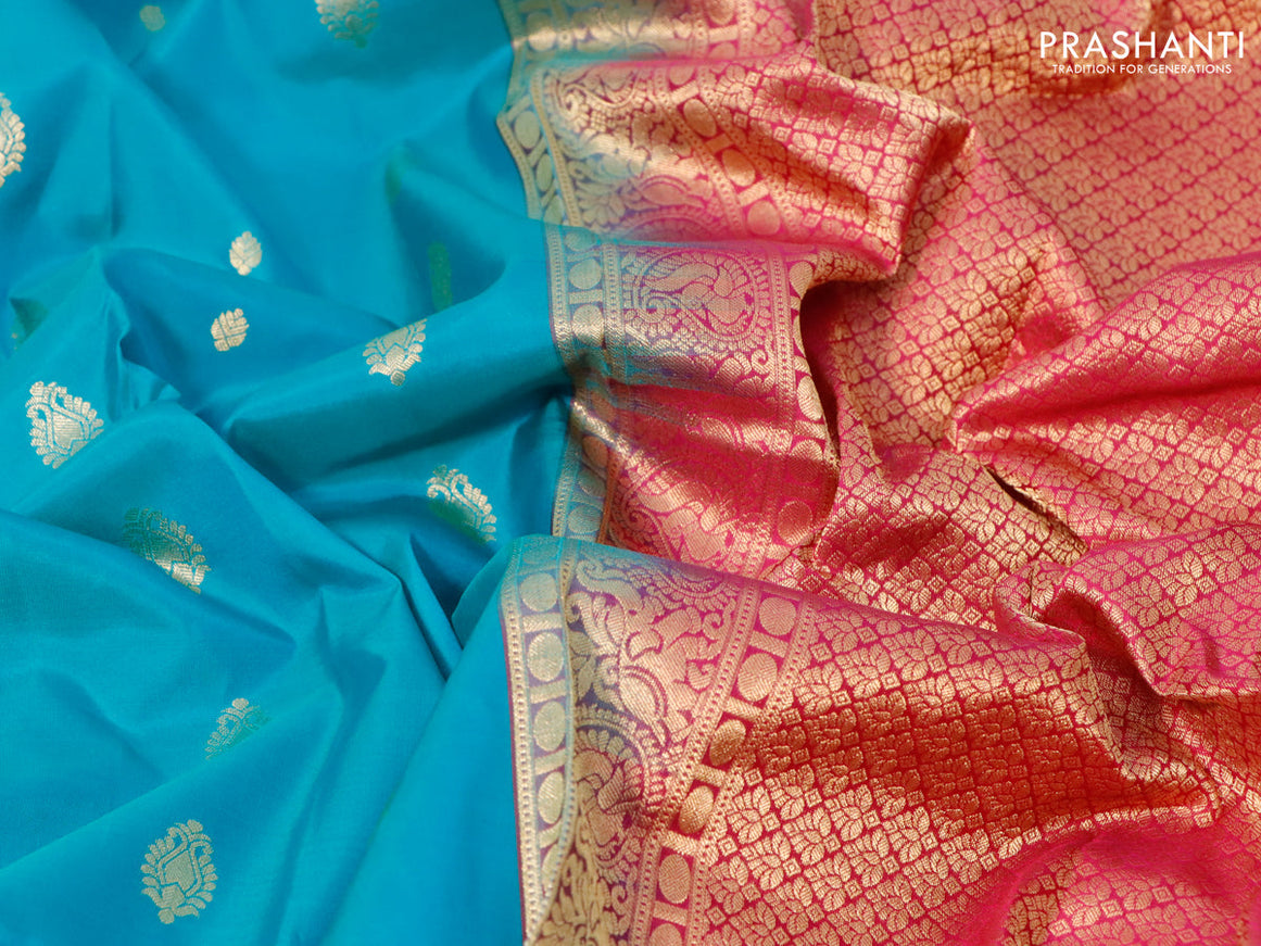 Pure kanjivaram silk saree teal blue and pink with zari woven buttas and zari woven korvai border