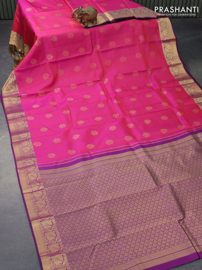 Pure kanjivaram silk saree dual shade of pinkish orange and purple with zari woven buttas and zari woven border