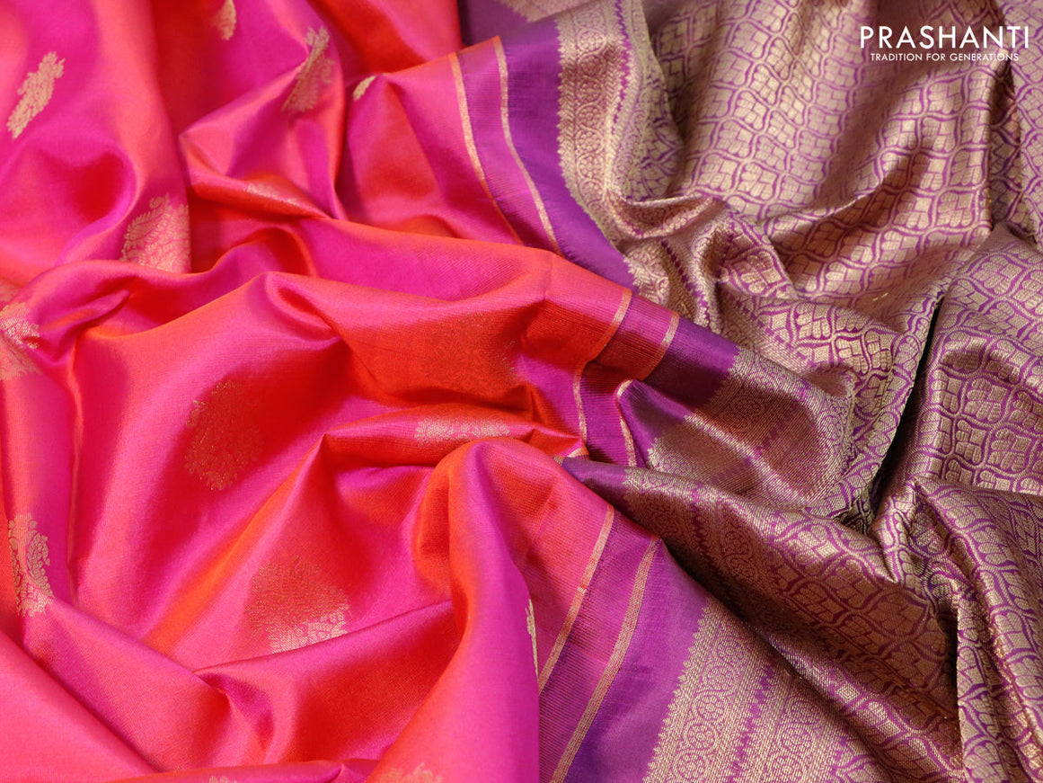 Pure kanjivaram silk saree dual shade of pinkish orange and purple with zari woven buttas and zari woven border