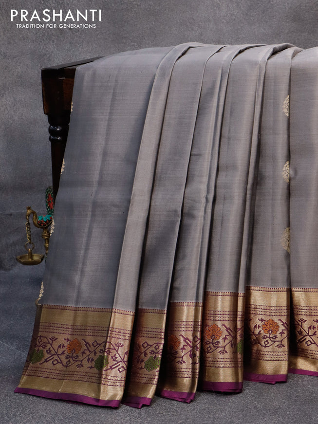 Pure kanjivaram silk saree grey and deep purple with zari woven buttas and zari woven border