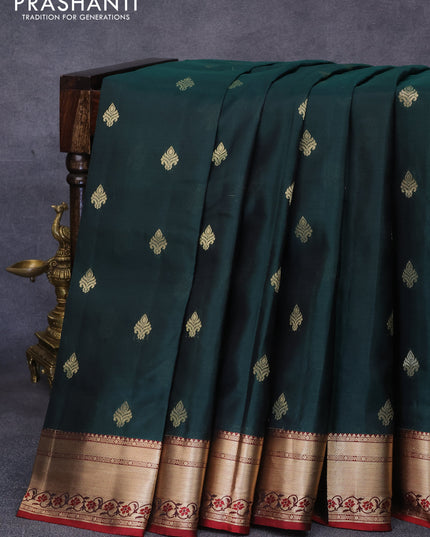 Pure kanjivaram silk saree bottle green and maroon with zari woven buttas and zari woven border