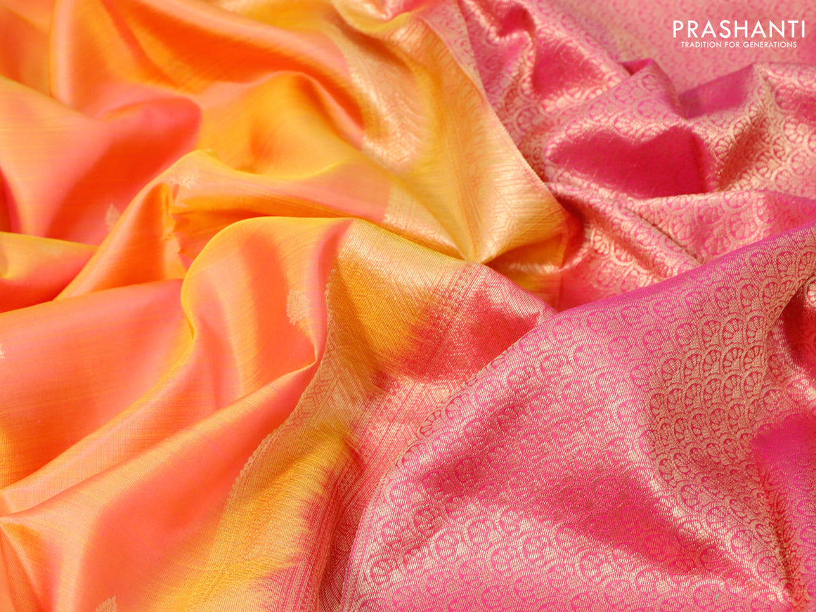 Pure kanjivaram silk saree dual shade of yellow and pink with zari woven buttas and zari woven border