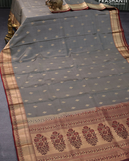 Pure kanjivaram silk saree grey and maroon with zari woven buttas and zari woven border