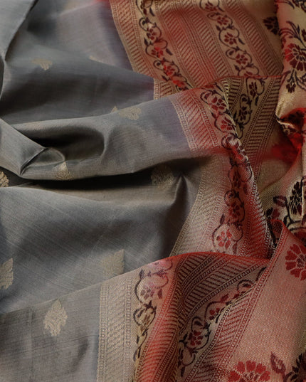 Pure kanjivaram silk saree grey and maroon with zari woven buttas and zari woven border
