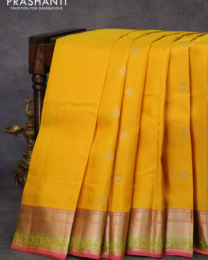 Pure kanjivaram silk saree yellow and pink with zari woven buttas and zari woven border