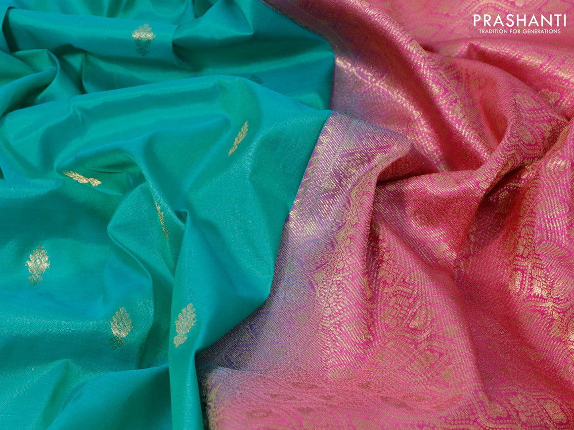 Pure kanjivaram silk saree teal green and pink with zari woven buttas and zari woven border