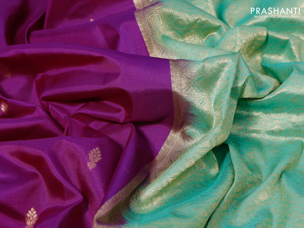 Pure kanjivaram silk saree purple and pastel green with zari woven buttas and zari woven border