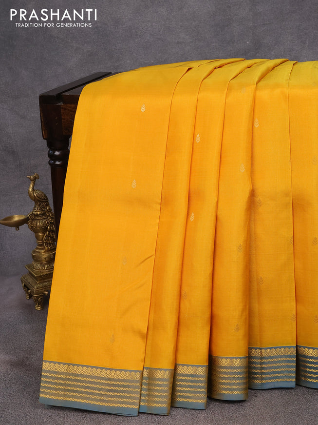 Pure kanjivaram silk saree mustard yellow and dual shade of blue with zari woven buttas and zari woven border