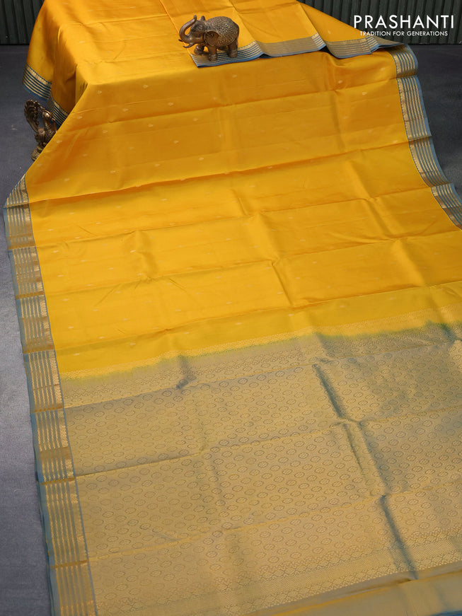 Pure kanjivaram silk saree mustard yellow and dual shade of blue with zari woven buttas and zari woven border