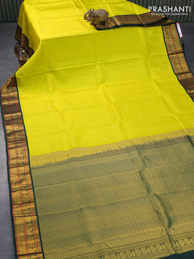 Pure kanjivaram silk saree lime yellow and dark green with allover zari checks & buttas and annam zari woven korvai border
