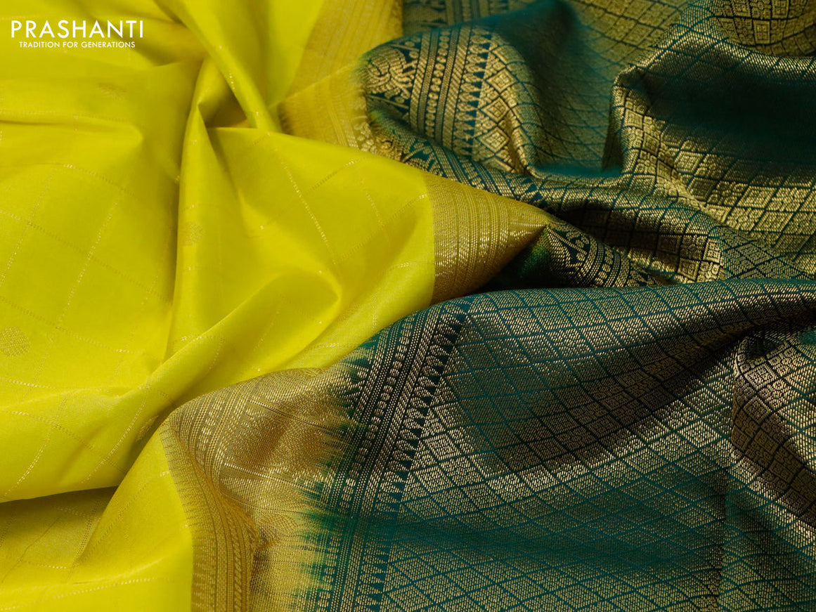 Pure kanjivaram silk saree lime yellow and dark green with allover zari checks & buttas and annam zari woven korvai border