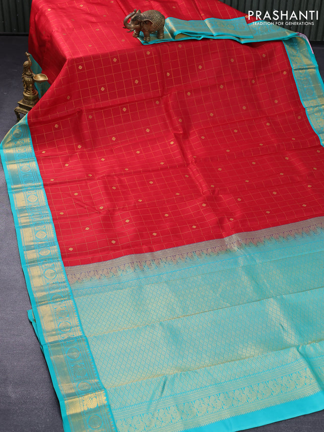 Pure kanjivaram silk saree red and teal blue with allover zari checks & buttas and annam zari woven korvai border