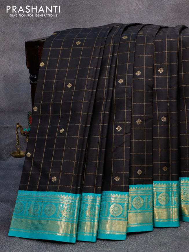 Pure kanjivaram silk saree black and teal blue with allover zari checks & buttas and annam zari woven korvai border