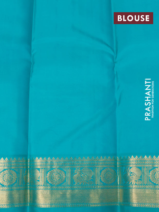Pure kanjivaram silk saree black and teal blue with allover zari checks & buttas and annam zari woven korvai border