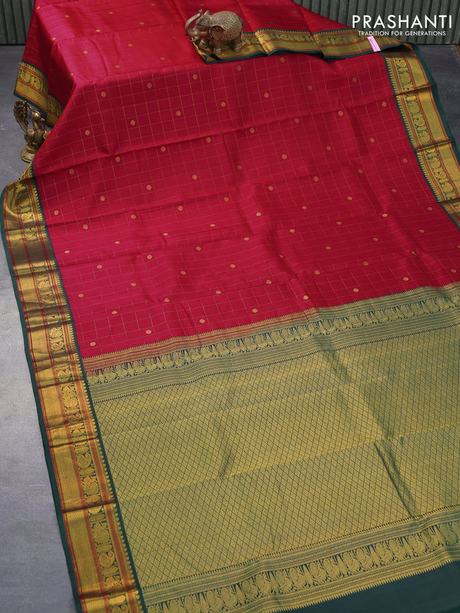 Pure kanjivaram silk saree pink and dark green with allover zari checks & buttas and annam zari woven korvai border