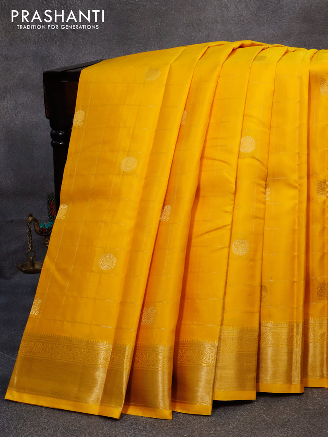 Pure kanjivaram silk saree yellow and pink with allover zari checks & buttas and zari woven border