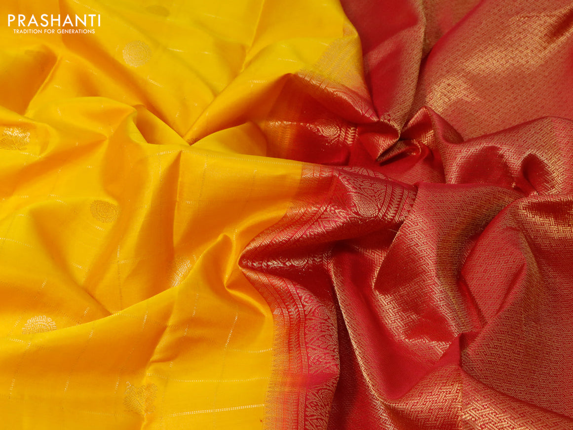 Pure kanjivaram silk saree yellow and pink with allover zari checks & buttas and zari woven border