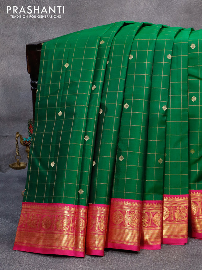 Pure kanjivaram silk saree green and pink with allover zari checks & buttas and annam zari woven korvai border